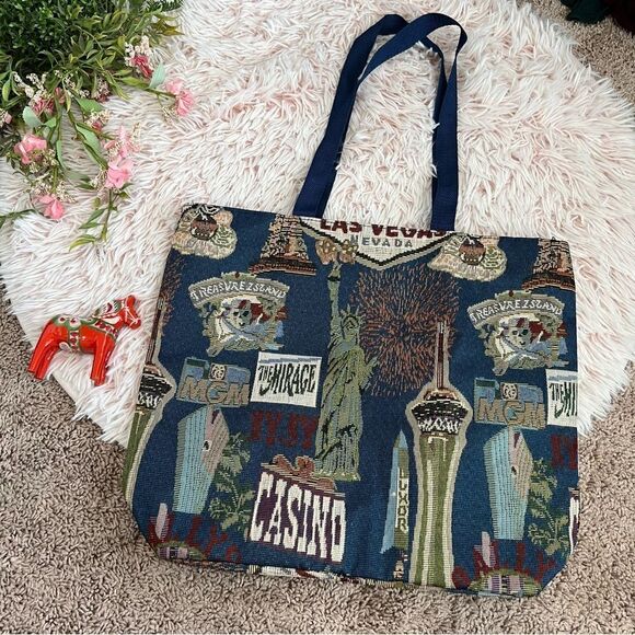 Vintage Style Las Vegas Casino Tapestry Colorful Lined Zip Closure Tote Bag - Picture 5 of 9